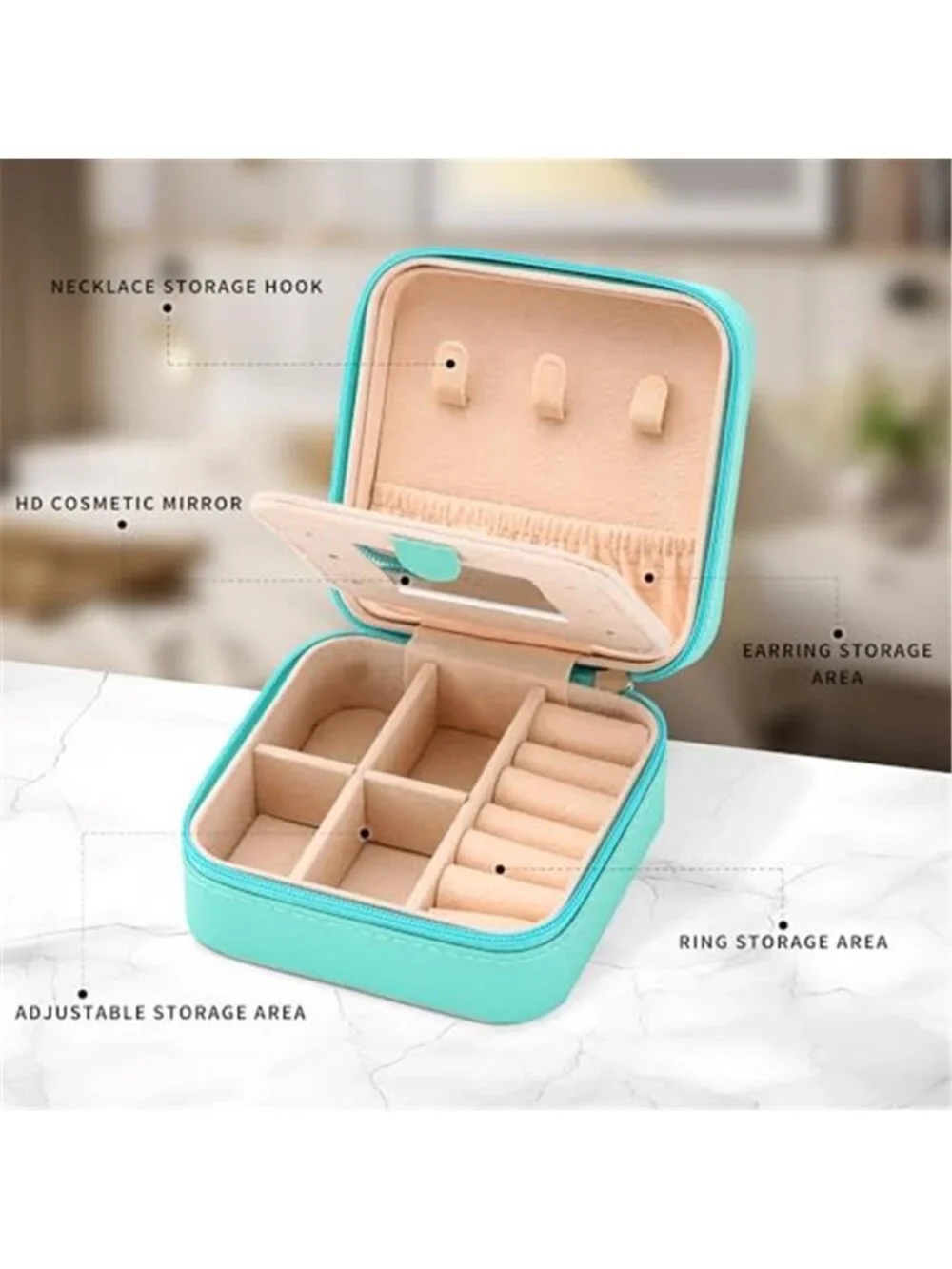 Travel Jewelry Box Organizer Case Mirror Ring Earring Necklace Storage Blue